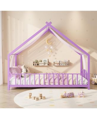 Low Profile Floor Bed Frame with Roof, Sturdy Metal Montessori House Bed with Safety Guardrails and DIY Canopy Design, No Box Spring Needed