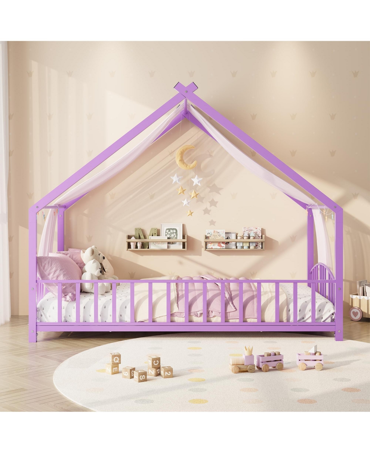 homfan Low Profile Floor Bed Frame with Roof, Sturdy Metal Montessori House Bed with Safety Guardrails and Diy Canopy Design