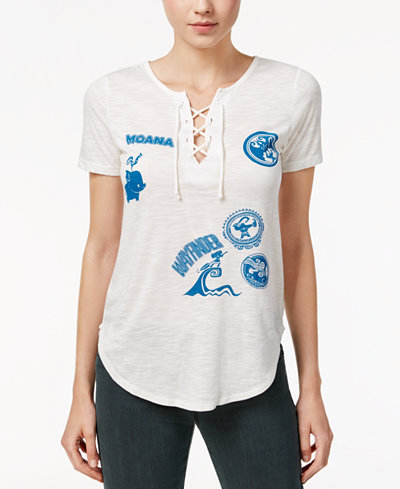 Hybrid Juniors' Disney Moana Patch Lace-Up Graphic T-Shirt
