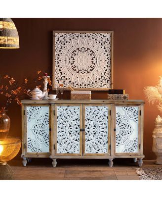 4-Door Hollow-Carved Distressed Wood Accent Cabinet with Adjustable Shelves