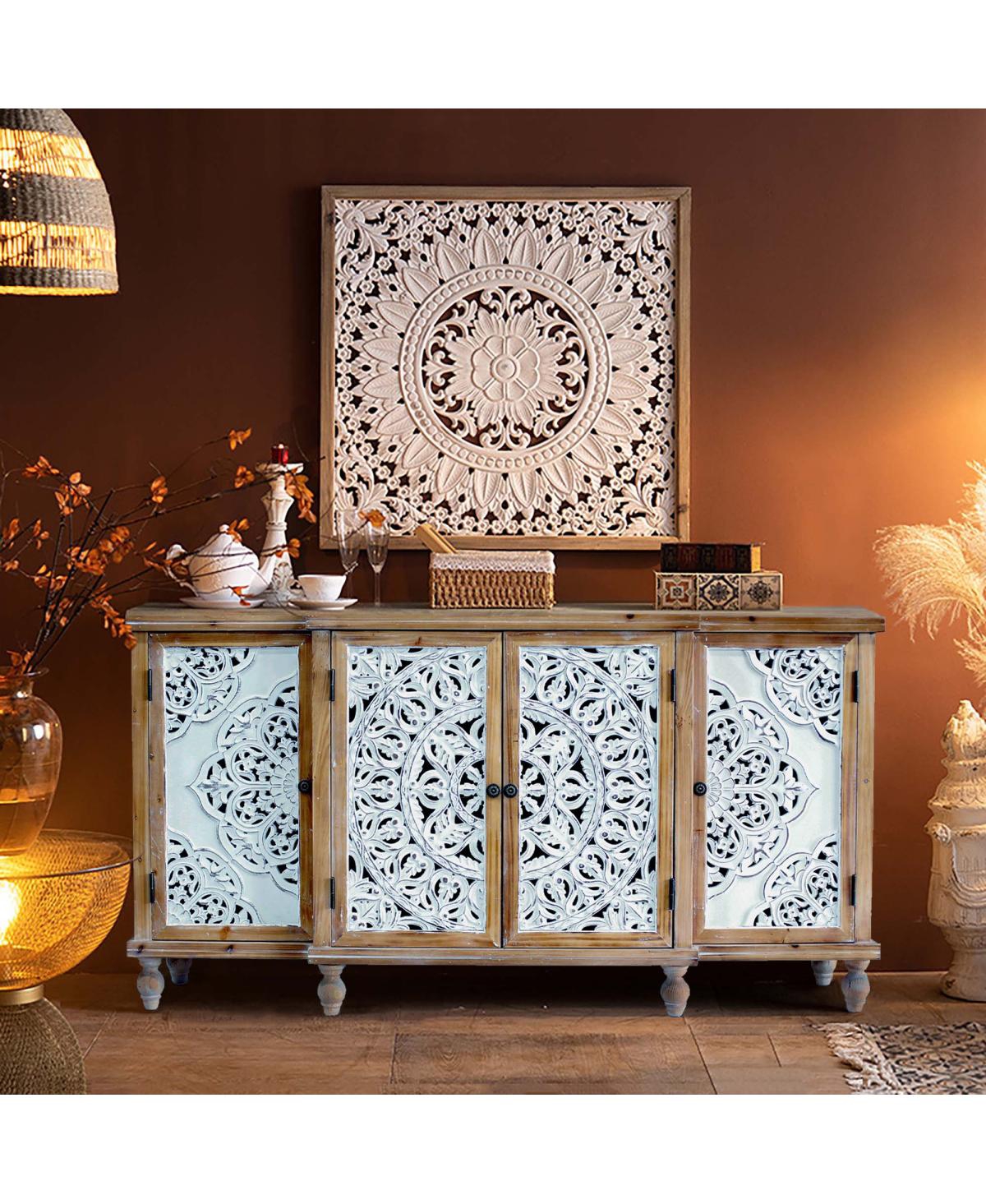 Streamdale Furniture 4-Door Hollow-Carved Distressed Wood Accent Cabinet with Adjustable Shelves