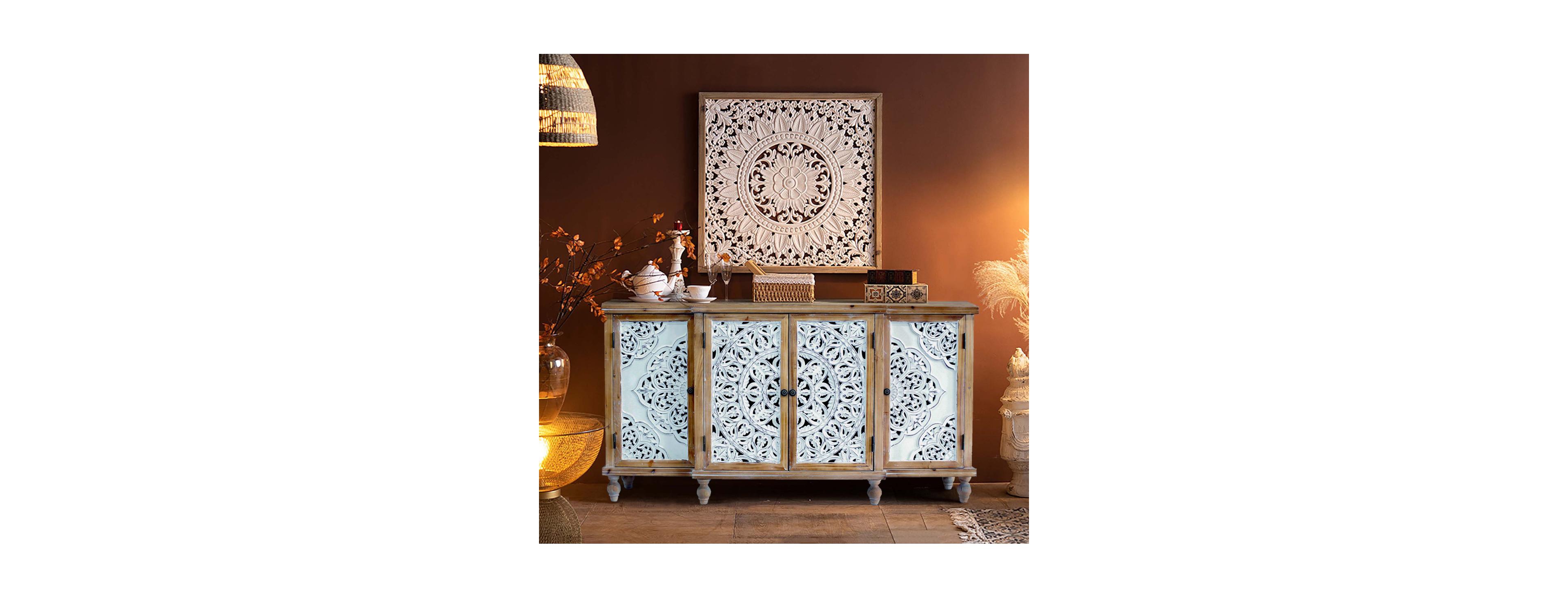 Streamdale Furniture 4-Door Hollow-Carved Distressed Wood Accent Cabinet with Adjustable Shelves