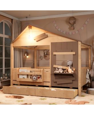 Full Size Farmhouse House Bed with Storage Drawers, LED and Window Shelf