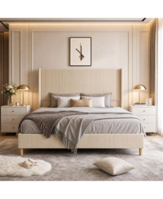 Modern Corduroy Upholstered Platform Full Bed Frame, Wingback Headboard and Wood Slats, No Box Spring Needed, for Bedroom