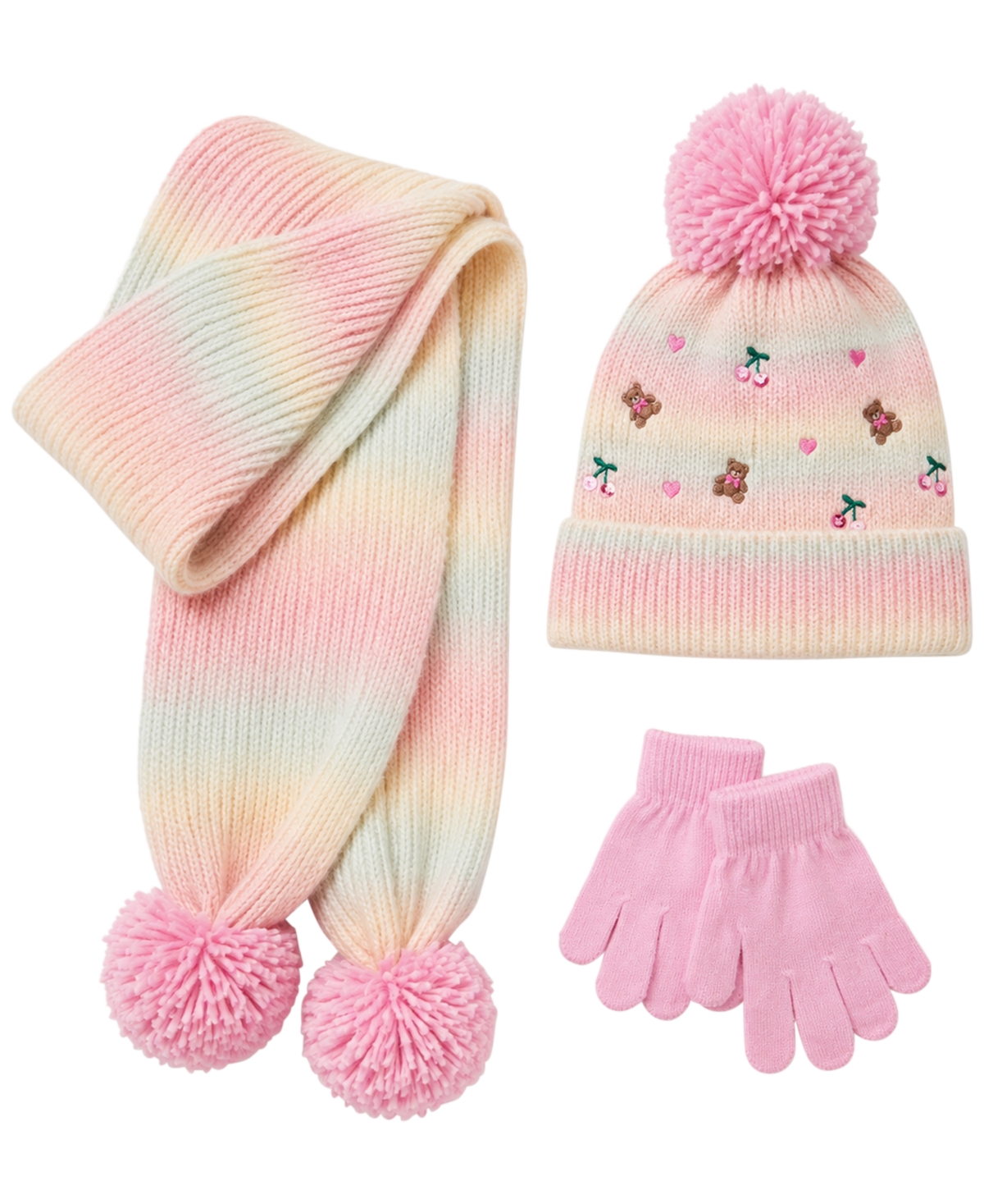 Rainbow Sugar Girls' Icon Ombre Pom-Pom Hat, Scarf and Gloves, 3-Piece Set - Multicolor/Pink/Beige/Yellow