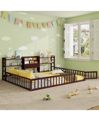  Queen Floor Fence Bed Frame with Shelves Espresso