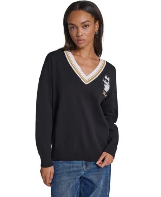 Women's Karl Patches Long-Sleeve Graphic-Patch V-Neck Sweater
