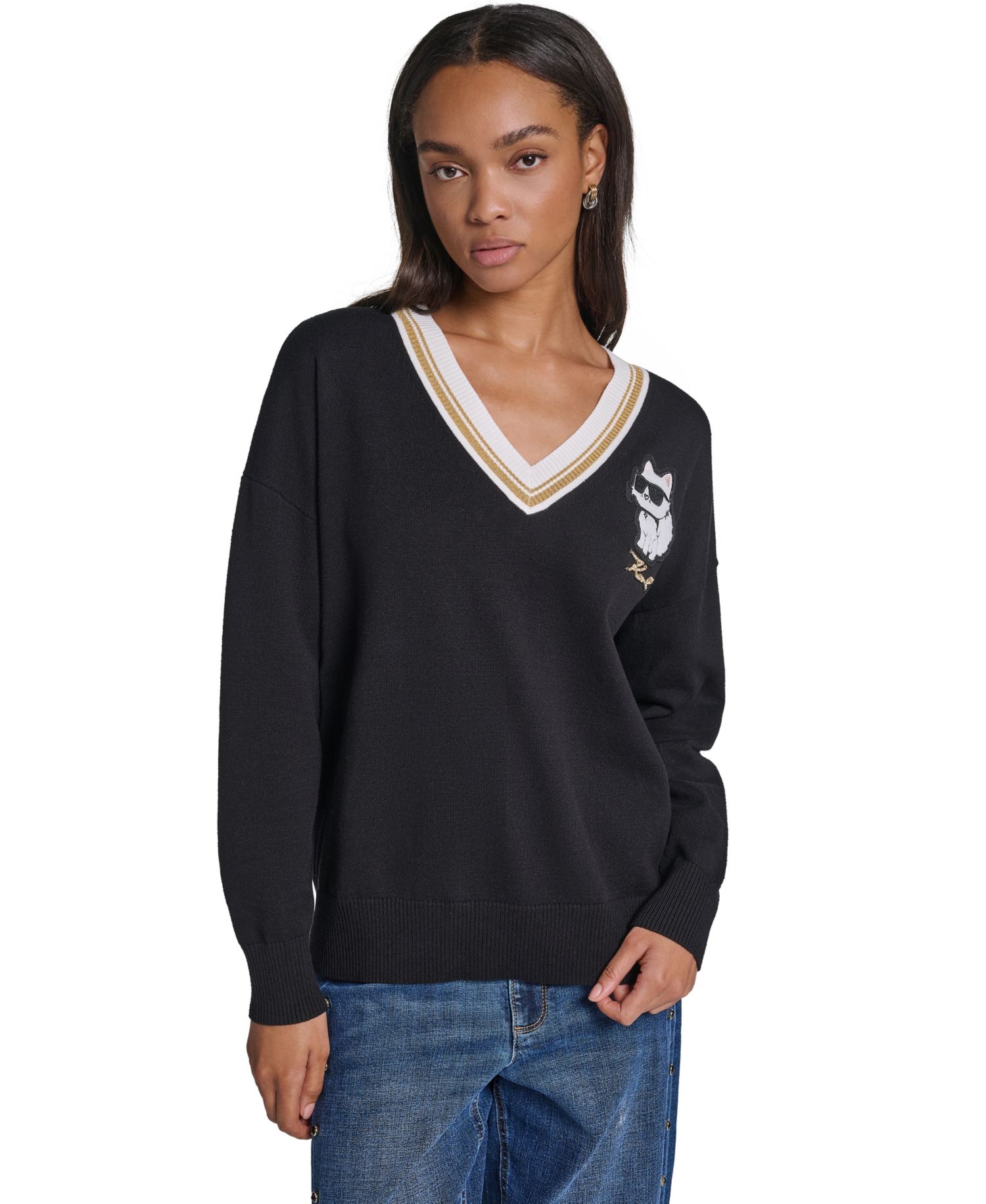 Women's Karl Patches Long-Sleeve Graphic-Patch V-Neck Sweater