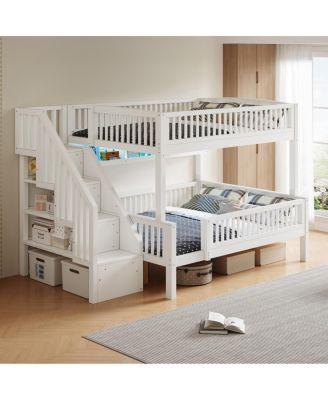 Full Queen Bunk Bed with Stairs LED Light Bookshelf and Storage