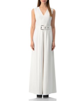 Women's Clean V-Neck Buckle-Belt Wide-Leg Tailored Jumpsuit