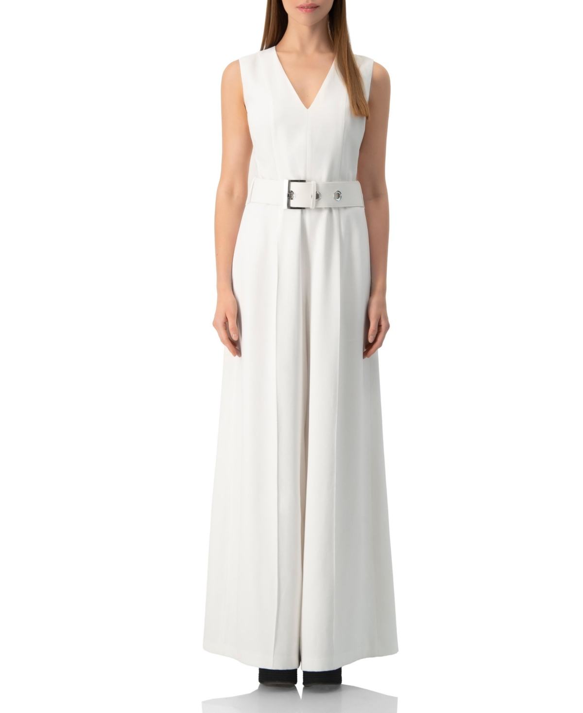 Ivonne Women's Clean V-Neck Buckle-Belt Wide-Leg Tailored Jumpsuit - White