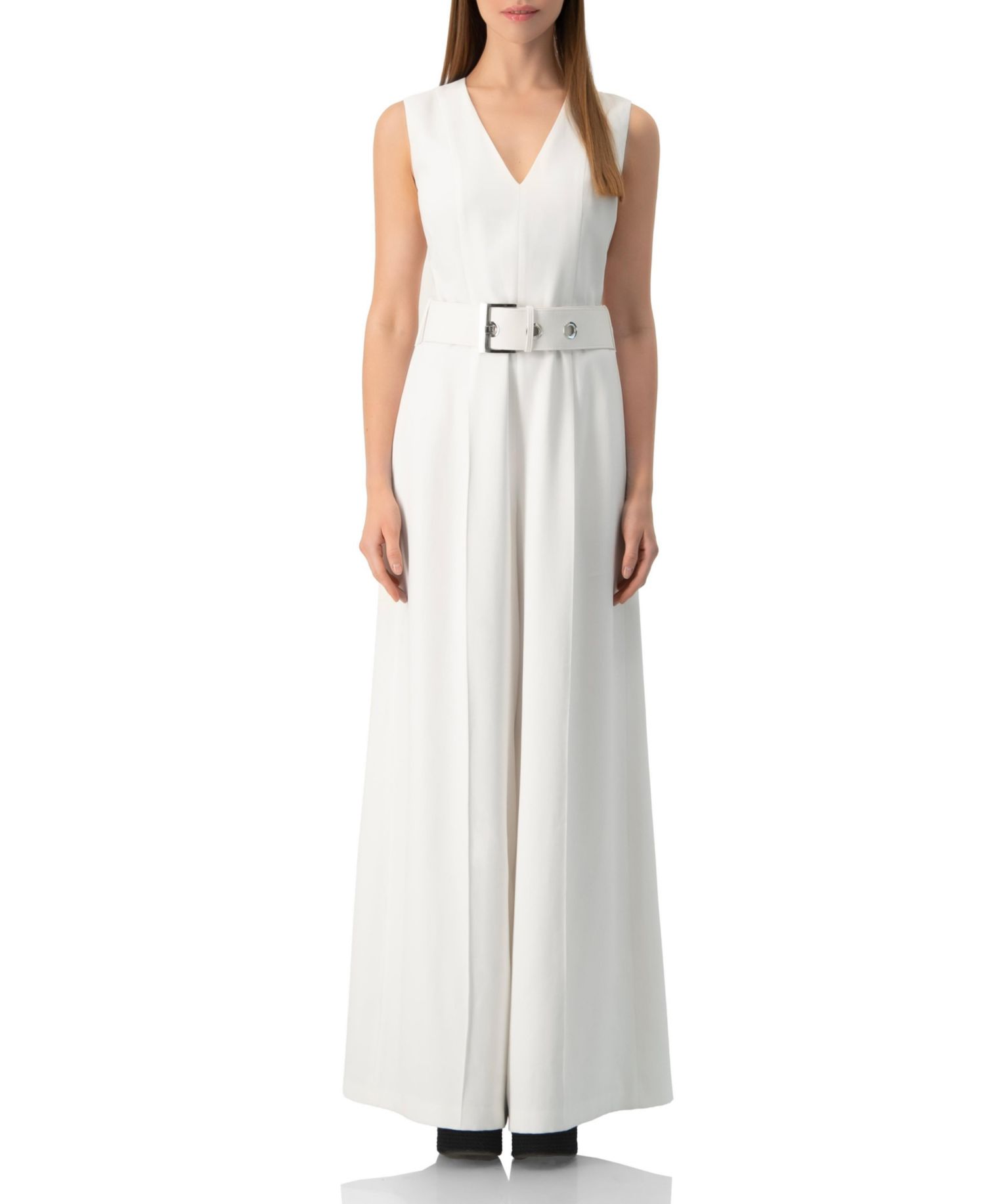 Women's Clean V-Neck Buckle-Belt Wide-Leg Tailored Jumpsuit