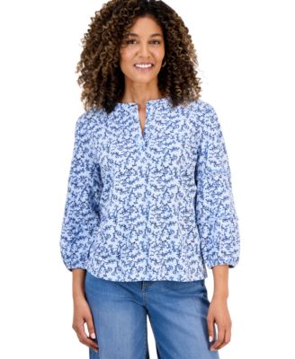 Petite Ruffle-and-Lace Henley 3/4-Sleeve Blouse