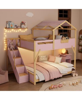 Full over Full House Bunk Bed with Stairs and 3 Color LED Lights