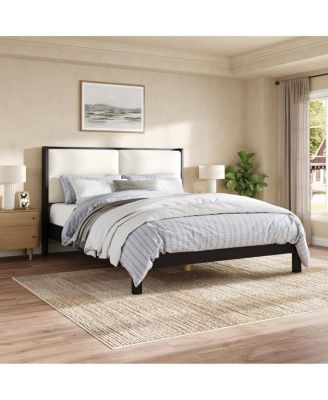Solid Wood Queen Platform Bed with Beige Velvet Headboard