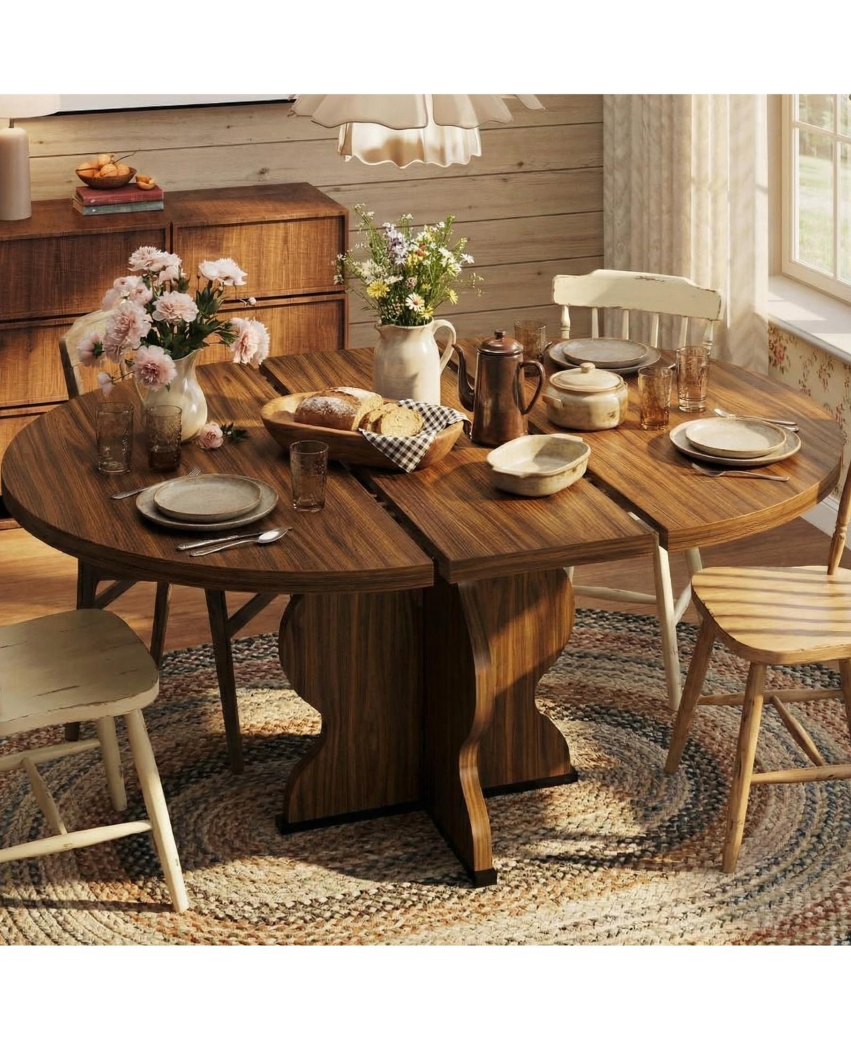 Gaomon 47" 63" Extendable Dining Table for 4 8, Farmhouse Round Oval Wooden Kitchen with Wavy Pedestal Base Kitchen, Room, Apartment