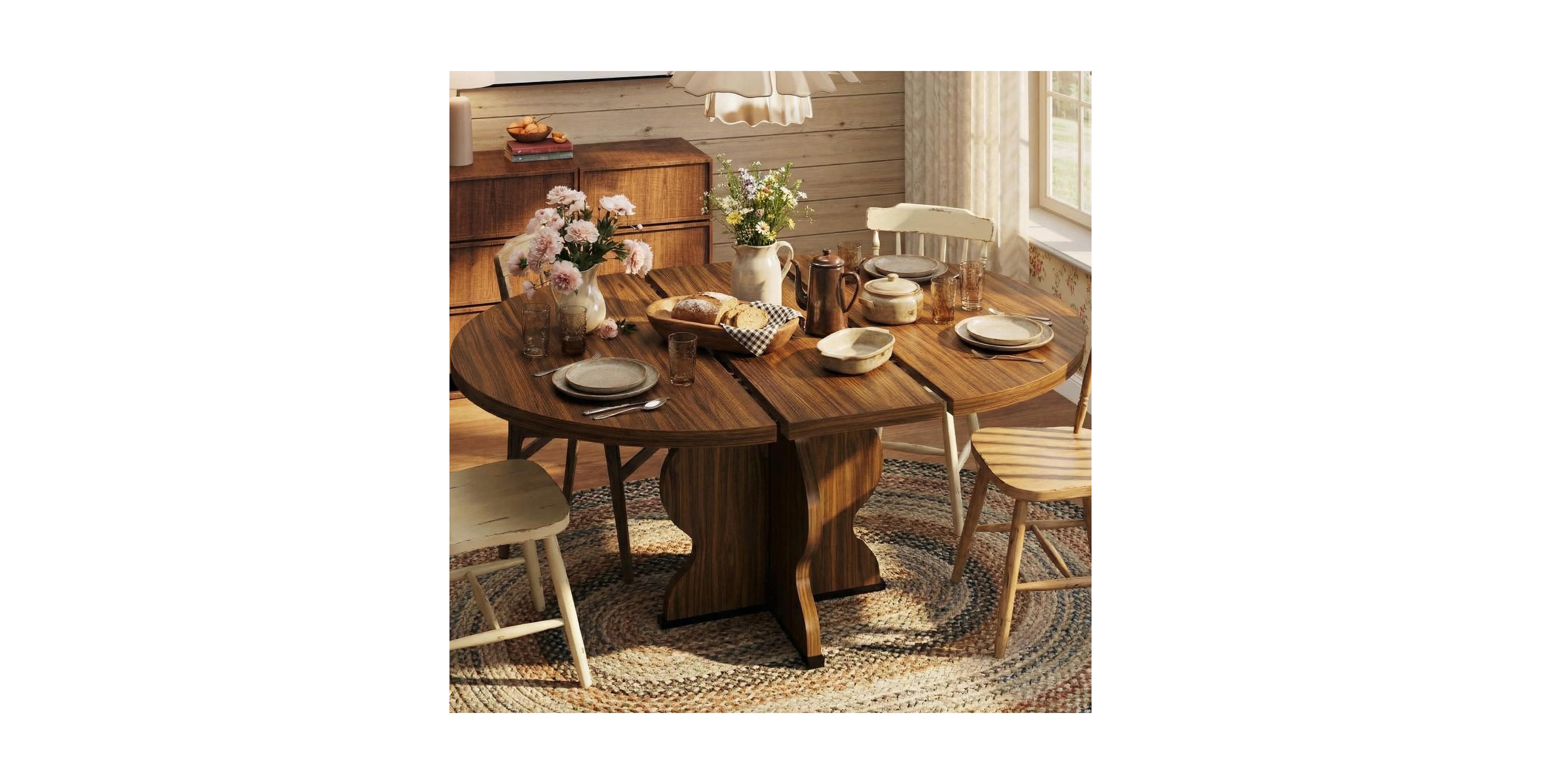 Gaomon 47" 63" Extendable Dining Table for 4 8, Farmhouse Round Oval Wooden Kitchen with Wavy Pedestal Base Kitchen, Room, Apartment