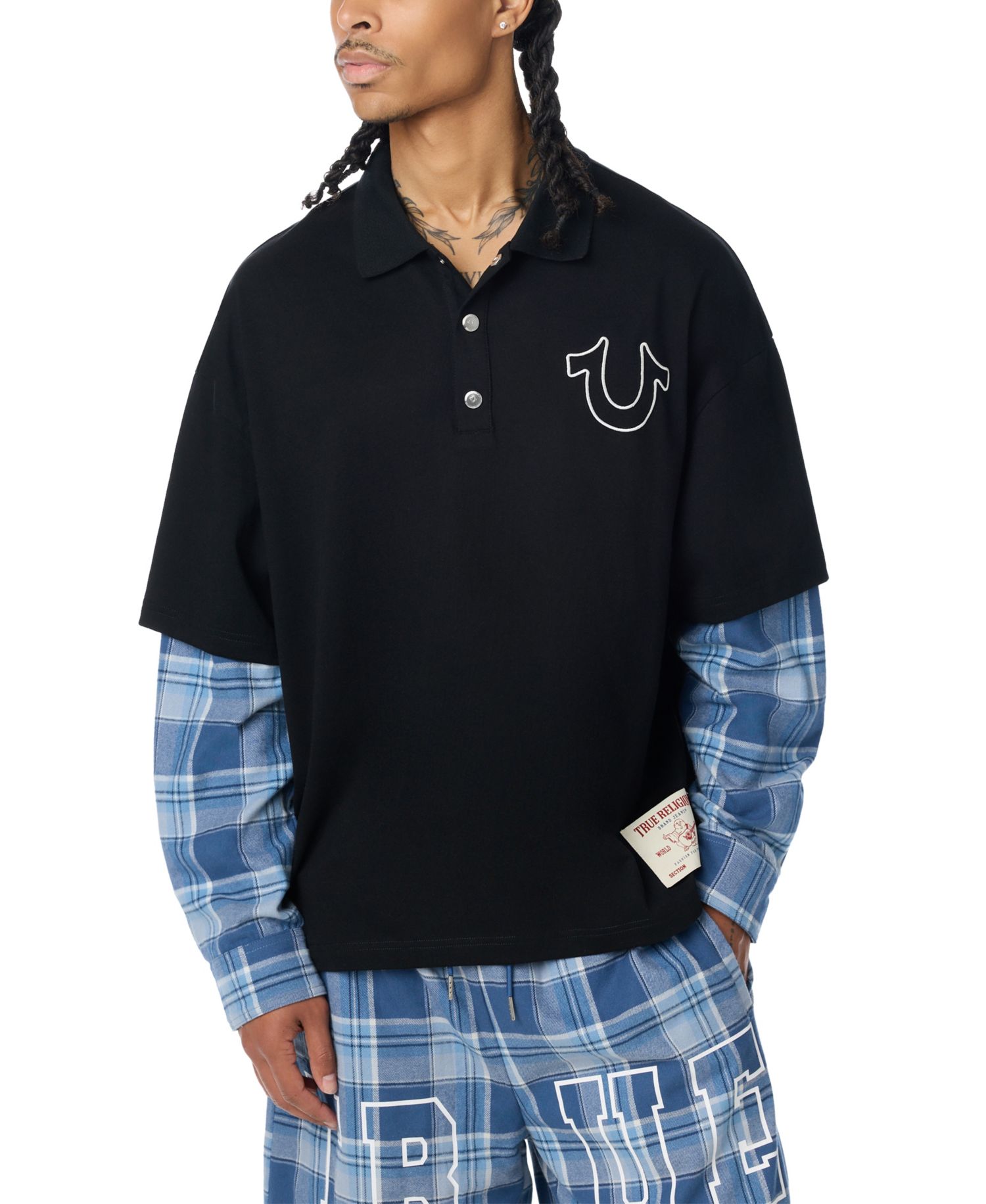 Men's Two-For-One Flannel-Sleeve Polo Shirt