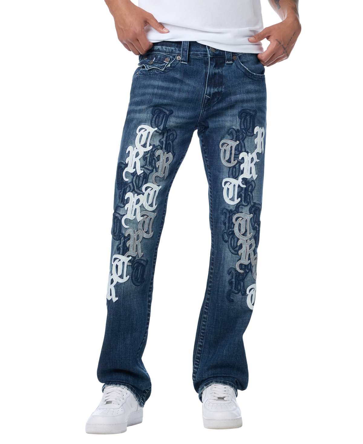True Religion Men's Ricky Script Repeat Straight-Leg Jeans