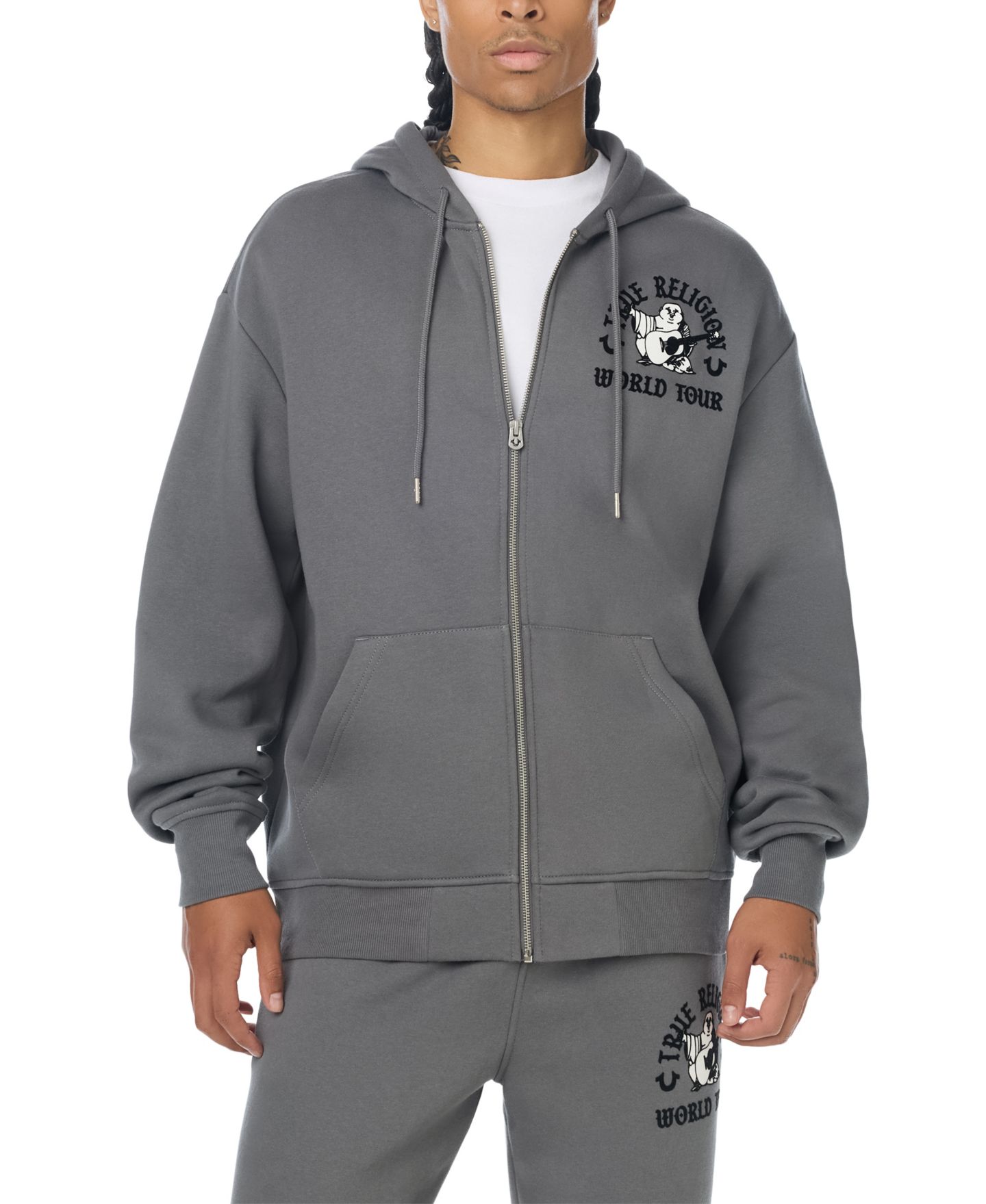 Мужское флисовое худи True Religion с принтом Buddha на молнии, цвет: Серый — фото 2