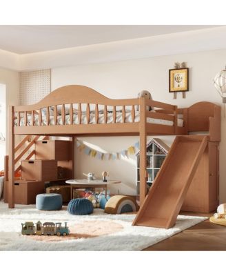 Wooden Loft Bed with Storage Stairs, Slide and Wardrobe
