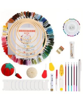 Embroidery Kit 100 Colors Threads 5 Hoops Aida Cloth Starter Tools For Adults Beginners