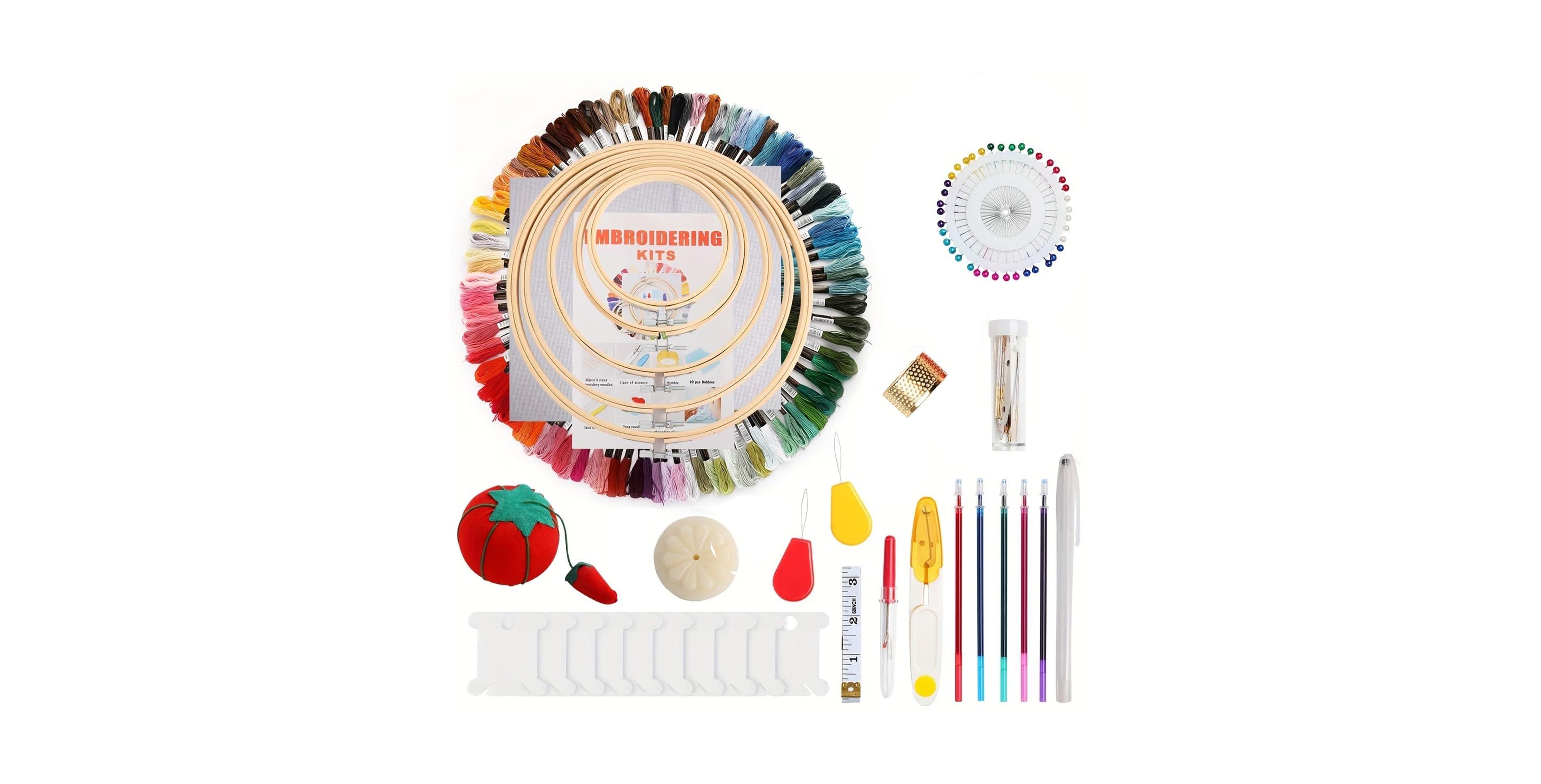 Aeelike Embroidery Kit 100 Colors Threads 5 Hoops Aida Cloth Starter Tools For Adults Beginners