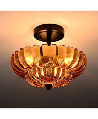 3-Light Modern Semi Flush Mount Ceiling Light with Scalloped Amber Glass Shade