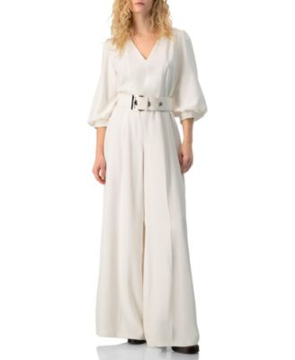 Women's Belted V-Neck Balloon-Sleeve Wide-Leg Jumpsuit