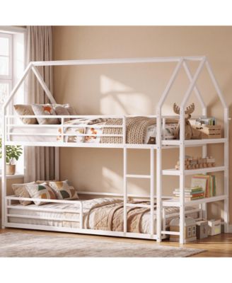 Twin Size House Bunk Bed with Bookshelf