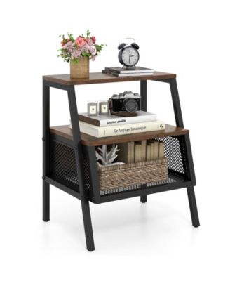 Industrial Nightstand 3 Tier End Table with 2 Open Shelves and Metal Mesh Compartment
