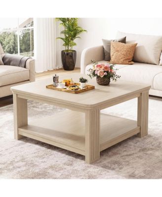 Square Wood Coffee Table with 2-Tier Storage