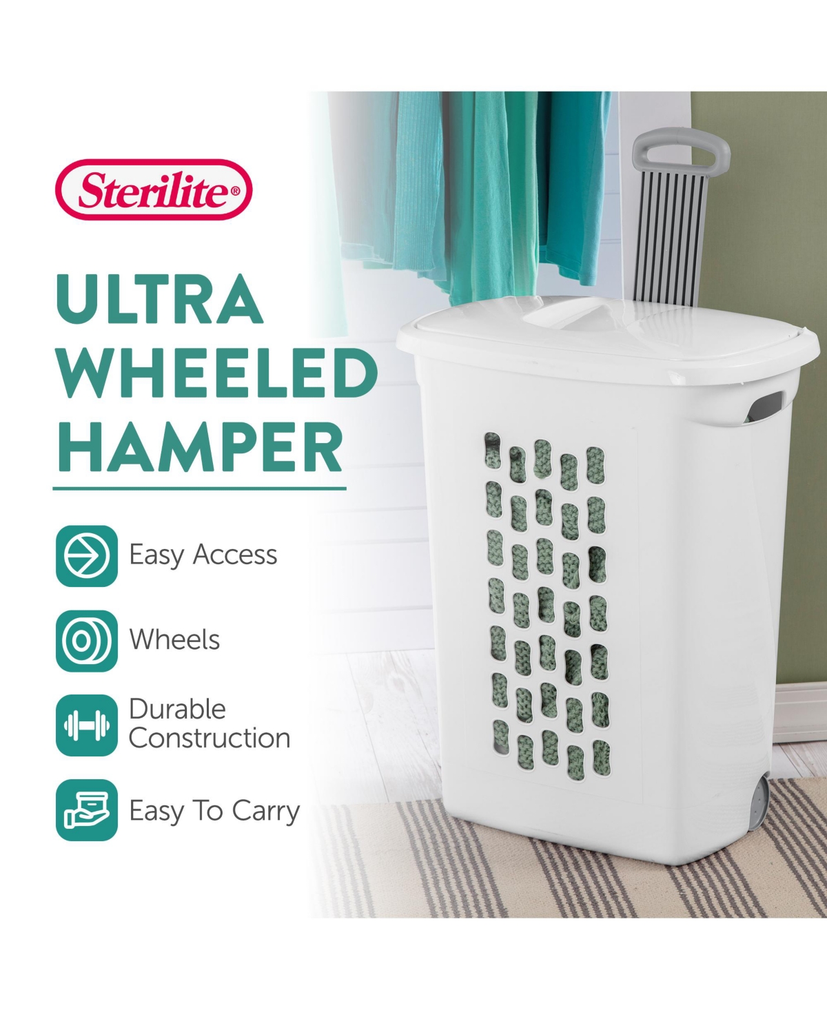 Sterilite White Laundry Hamper With Lift-Top, Wheels, And Pull Handle