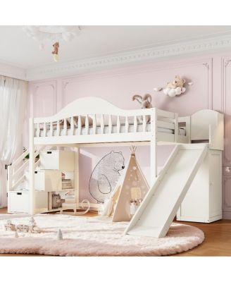 Twin Wood Loft Bed with Storage Stairs, Slide and Wardrobe