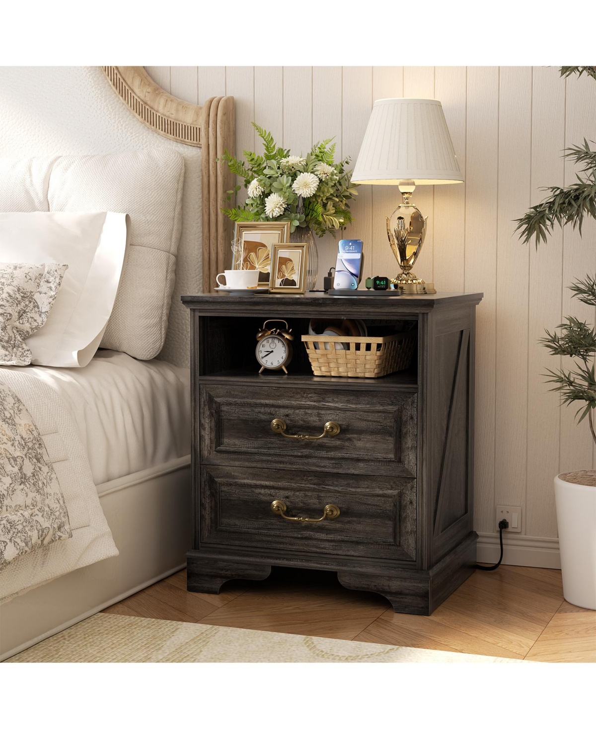 Aheaplus Farmhouse Nightstand with 2-Large Drawers and Charging Station