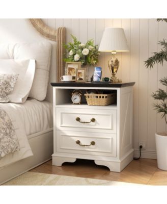 Farmhouse Nightstand with 2-Large Drawers and Charging Station