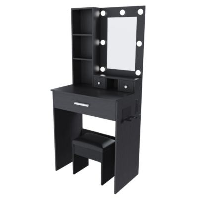 Compact LED Vanity Table Set, Power Outlet, Hairdryer Holder and Upholstered Stool