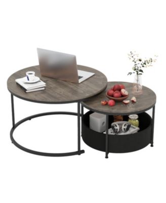 Round Coffee Table Set of 2 Circle Cocktail Table with Storage Basket