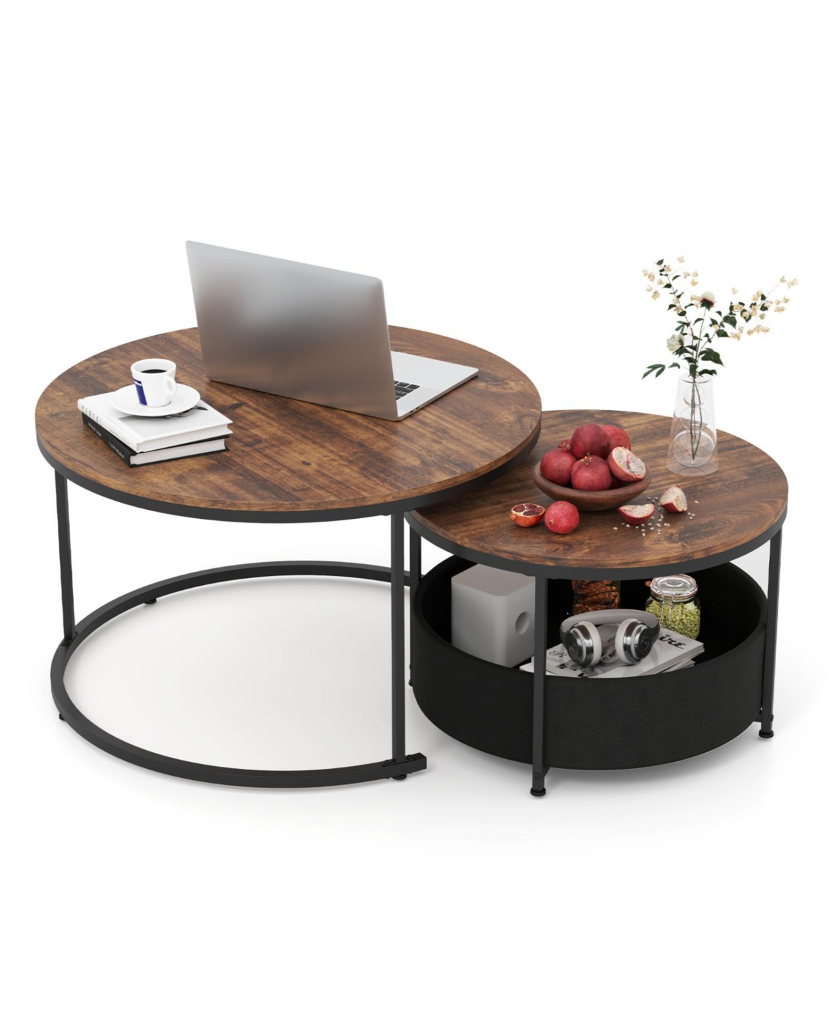 Mecale Round Coffee Table Set of 2 Circle Cocktail with Storage Basket