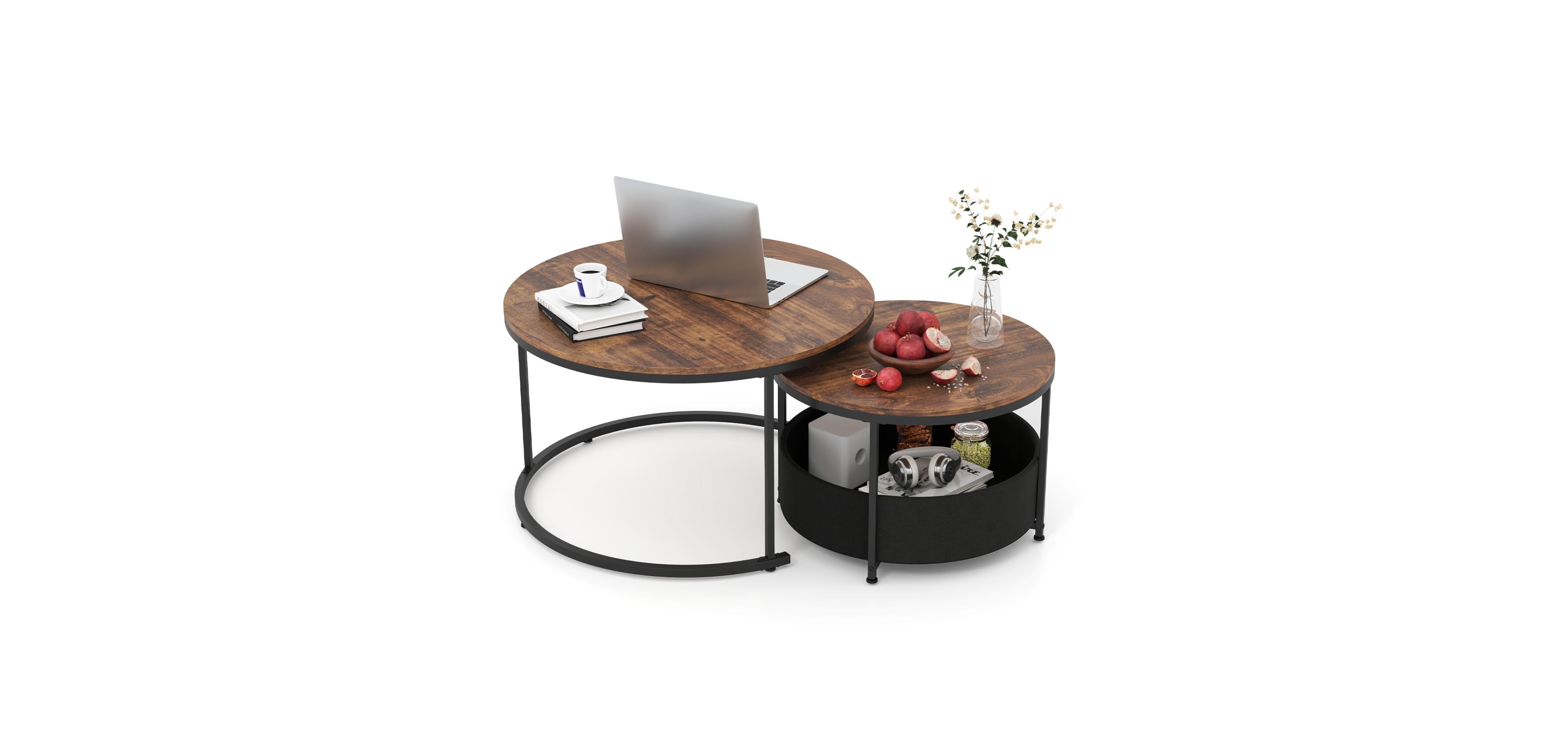 Mecale Round Coffee Table Set of 2 Circle Cocktail with Storage Basket