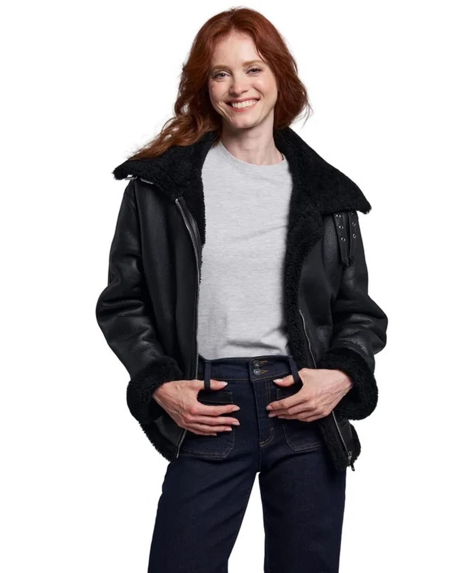 Women's Shearling Moto Oversized Collar Jacket