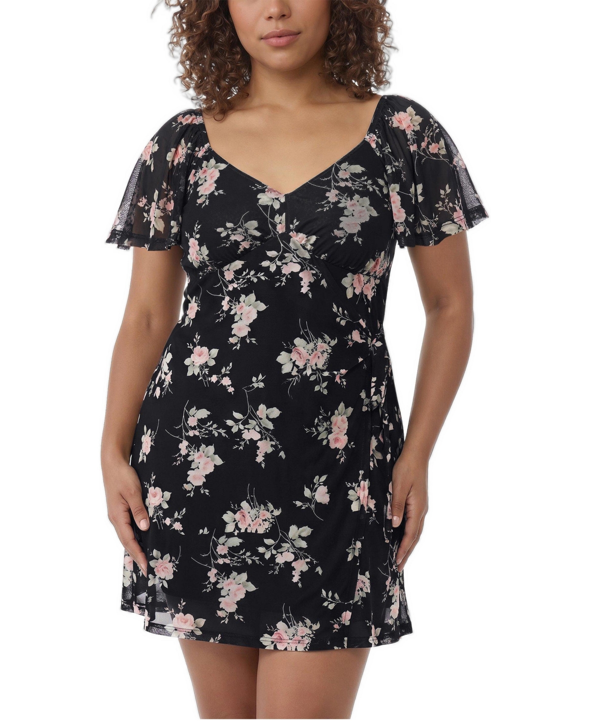 Torrid Plus Size Floral-Print Flutter-Sleeve Mini Dress - Grace floral black