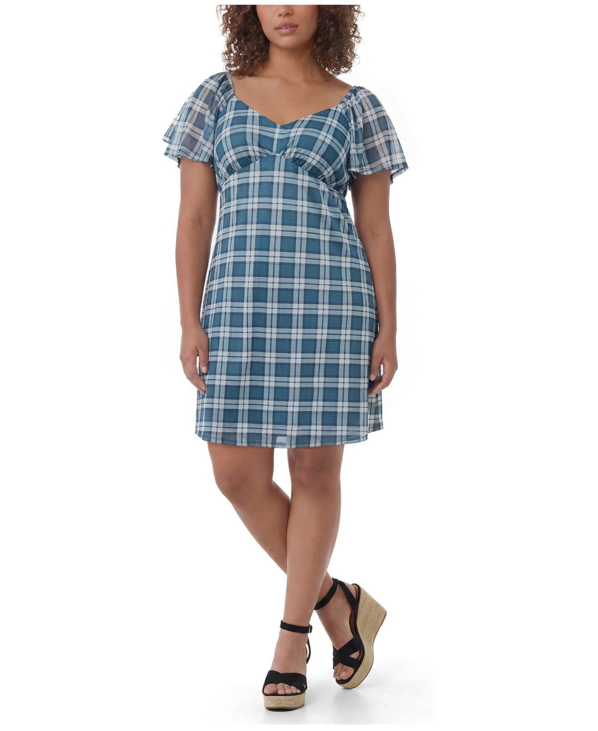 Torrid Plus Size Floral-Print Flutter-Sleeve Mini Dress - Autumn plaid teal mallard blue