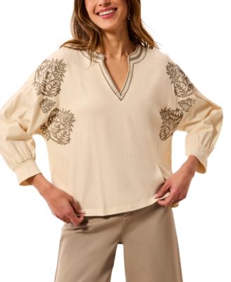 Women's Paisley Park Floral-Embroidery 3/4-Raglan-Sleeve Notch-Neck Blouse