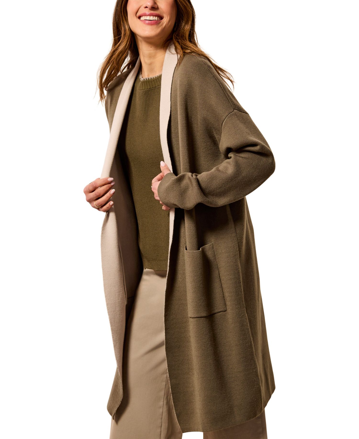 Women's Mid-Length Dropped-Shoulder Patch Pockets Coatigan