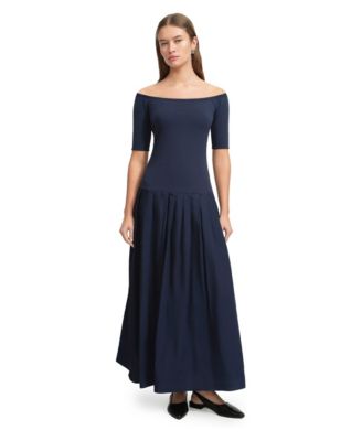 Women's Mila Off-Shoulder Dropped-Waist Pleated Cotton Dress with Pockets