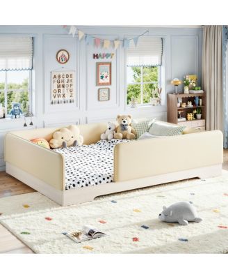 Queen Upholstered Montessori Floor Bed with Removable Guardrails
