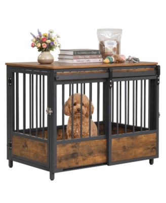 Indoor Wooden Dog Kennel End Table Dog Mat 2 Doors Safety Latch for Dogs Rustic
