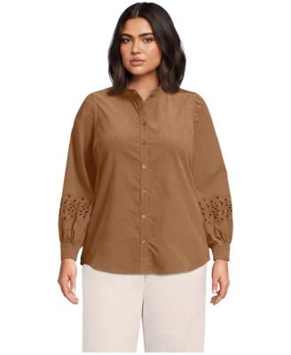 Plus Size Pinwale Corduroy Eyelet Sleeves Shirt
