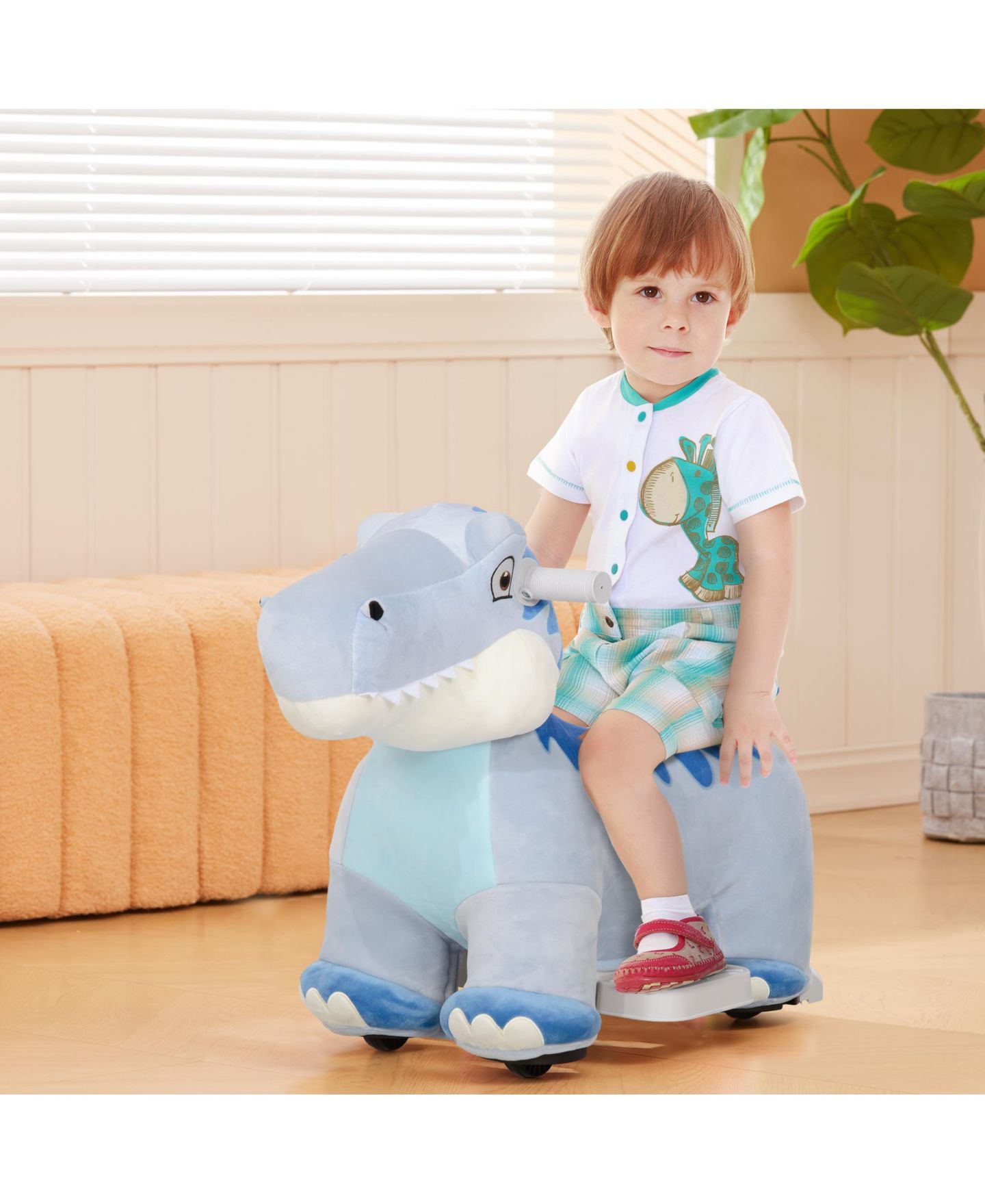 Детская мягкая игрушка Glintex 6V Tyrannosaurus Plush Battery-Powered Ride-On Toy, 55-lb Capacity, Ages 18-36 Months, цвет: Синий — фото 2